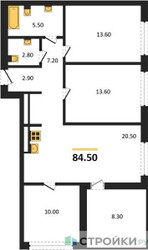 Планировка трехкомнатной(квартира) площадью 84.5 квадратных метров в ЖК “ЖК Квартал Издание”