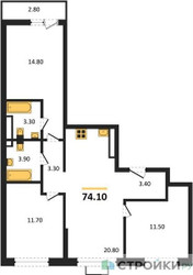Планировка трехкомнатной(квартира) площадью 74.1 квадратных метров в ЖК “ЖК Прокшино”