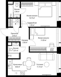 Планировка двухкомнатной(квартира) площадью 60.71 квадратных метров в ЖК “ЖК Веер”