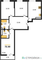 Планировка трехкомнатной(квартира) площадью 72.3 квадратных метров в “ЖК Прокшино”