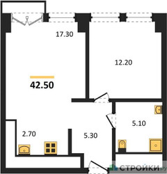 Планировка однокомнатной(апартаменты) площадью 42.5 квадратных метров в ЖК “ЖК Emotion (Эмоушен)”