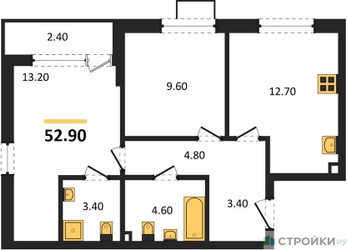Планировка двухкомнатной(квартира) площадью 52.9 квадратных метров в ЖК “ЖК Прокшино”
