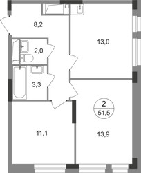 Планировка двухкомнатной(квартира) площадью 51.5 квадратных метров в ЖК “ЖК Первый Московский”