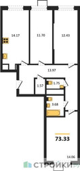 Планировка трехкомнатной(квартира) площадью 73.33 квадратных метров в “ЖК Новотомилино”