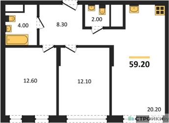 Планировка двухкомнатной(квартира) площадью 59.2 квадратных метров в ЖК “ЖК Переделкино Ближнее”