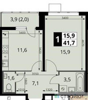 Планировка однокомнатной(квартира) площадью 41.7 квадратных метров в “ЖК 1-й Южный (Первый Южный)”