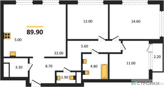 Планировка трехкомнатной(квартира) площадью 89.9 квадратных метров в “Квартал Филатов луг”