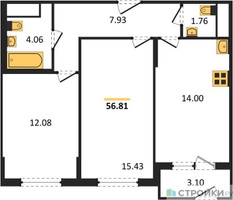 Планировка двухкомнатной(квартира) площадью 56.81 квадратных метров в “ЖК Светлый мир БиоПолис”