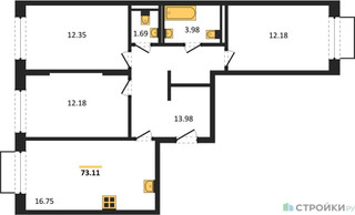 Планировка трехкомнатной(квартира) площадью 73.11 квадратных метров в “ЖК Квартал Домашний”