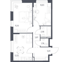 Планировка двухкомнатной(квартира) площадью 53.92 квадратных метров в “ЖК Богдановский Лес”