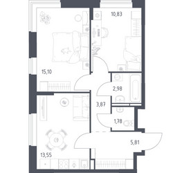 Планировка двухкомнатной(квартира) площадью 53.92 квадратных метров в ЖК “ЖК Богдановский Лес”