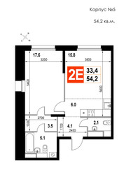 Планировка двухкомнатной(квартира) площадью 54.2 квадратных метров в ЖК “ЖК Мытищи Сити”
