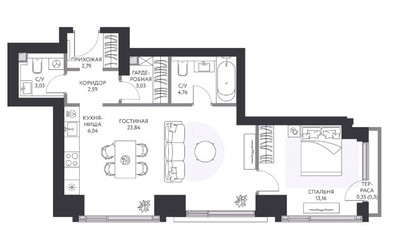 Планировка однокомнатной(квартира) площадью 60 квадратных метров в ЖК “ЖК Hide (Хайд)”