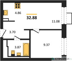 Планировка однокомнатной(квартира) площадью 32.88 квадратных метров в “ЖК Молжаниново”