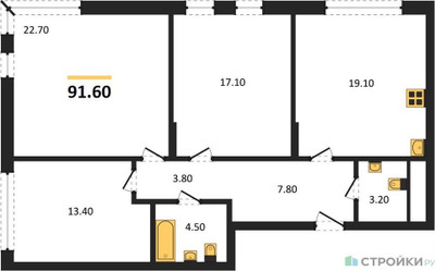 Планировка трехкомнатной(квартира) площадью 91.6 квадратных метров в ЖК “ЖК Переделкино Ближнее”