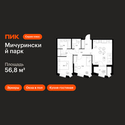 Планировка двухкомнатной(квартира) площадью 56.8 квадратных метров в ЖК “ЖК Мичуринский Парк”