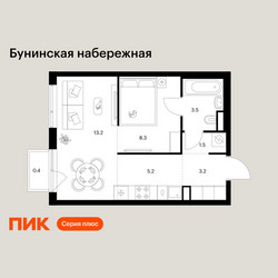 Планировка однокомнатной(квартира) площадью 35.3 квадратных метров в ЖК “Бунинская набережная”