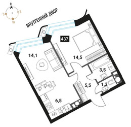 Планировка двухкомнатной(квартира) площадью 45.4 квадратных метров в ЖК “ЖК Интеллигент”