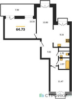 Планировка двухкомнатной(квартира) площадью 64.73 квадратных метров в “ЖК ВОСТОК II”
