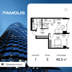 Планировка однокомнатной(квартира) площадью 45.6 квадратных метров в ЖК “ЖК Famous  (Фэймос)”