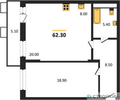 Планировка однокомнатной(квартира) площадью 62.1 квадратных метров в “ЖК Пироговская Ривьера”