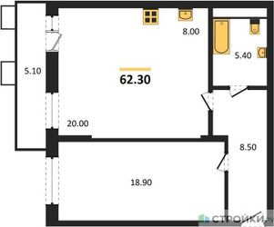 Планировка однокомнатной(квартира) площадью 62.1 квадратных метров в ЖК “ЖК Пироговская Ривьера”