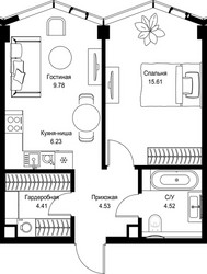 Планировка однокомнатной(квартира) площадью 45.08 квадратных метров в ЖК “Дом премиум-класса МИРА”