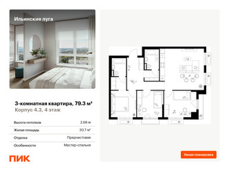 Планировка трехкомнатной(квартира) площадью 79.3 квадратных метров в ЖК “ЖК Ильинские луга”