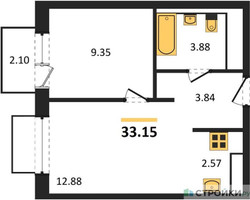 Планировка однокомнатной(квартира) площадью 33.15 квадратных метров в “ЖК Томилино Парк”