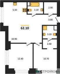 Планировка двухкомнатной(квартира) площадью 62.1 квадратных метров в “ЖК Upside Towers (Апсайд Тауэрс)”