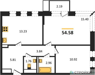 Планировка двухкомнатной(квартира) площадью 54.58 квадратных метров в ЖК “ЖК Новое Видное”