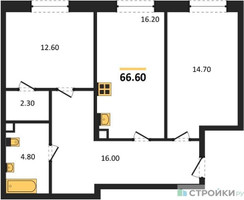 Планировка двухкомнатной(квартира) площадью 66.6 квадратных метров в “ЖК Детали”