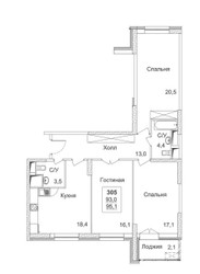 Планировка трехкомнатной(квартира) площадью 95.1 квадратных метров в ЖК “ЖК Династия”