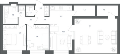 Планировка трехкомнатной(квартира) площадью 75 квадратных метров в ЖК “ЖК Равновесие”
