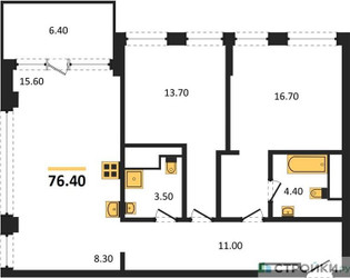 Планировка двухкомнатной(квартира) площадью 76.8 квадратных метров в ЖК “ЖК VERY на Миклухо-Маклая (Вери на Миклухо-Маклая)”