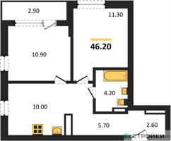 Планировка двухкомнатной(квартира) площадью 46.2 квадратных метров в “ЖК Прокшино”