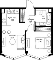 Планировка однокомнатной(квартира) площадью 36.51 квадратных метров в “Дом премиум-класса МИРА”