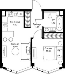 Планировка однокомнатной(квартира) площадью 36.51 квадратных метров в ЖК “Дом премиум-класса МИРА”