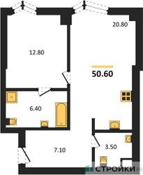 Планировка однокомнатной(квартира) площадью 50.6 квадратных метров в ЖК “ICE TOWERS (Айс Тауэрс)”