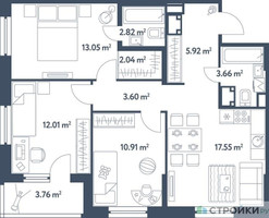 Планировка трехкомнатной(квартира) площадью 73.44 квадратных метров в “ЖК Светлый мир Станция Л”