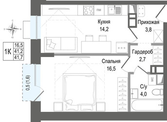Планировка однокомнатной(квартира) площадью 41.2 квадратных метров в ЖК “ЖК КИНОКВАРТАЛ”