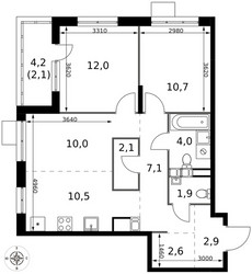 Планировка трехкомнатной(квартира) площадью 65.9 квадратных метров в ЖК “ЖК 1-й Саларьевский (Первый Саларьевский)”