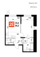 Планировка двухкомнатной(квартира) площадью 54.2 квадратных метров в “ЖК Мытищи Сити”