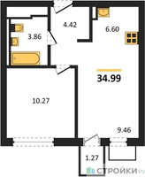 Планировка однокомнатной(квартира) площадью 34.99 квадратных метров в “ЖК Мытищи Парк”