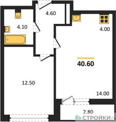 Планировка однокомнатной(квартира) площадью 40.6 квадратных метров в ЖК “ЖК Родные кварталы”