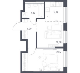 Планировка однокомнатной(квартира) площадью 37 квадратных метров в ЖК “ЖК Квартал Домашний”