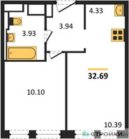 Планировка однокомнатной(квартира) площадью 32.69 квадратных метров в “ЖК Молжаниново”