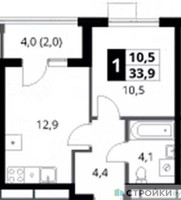 Планировка однокомнатной(квартира) площадью 33.9 квадратных метров в “ЖК 1-й Ясеневский (Первый Ясеневский)”