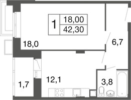 Планировка однокомнатной(квартира) площадью 42.2 квадратных метров в “ЖК Времена года”