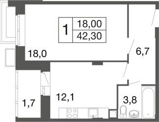 Планировка однокомнатной(квартира) площадью 42.2 квадратных метров в ЖК “ЖК Времена года”